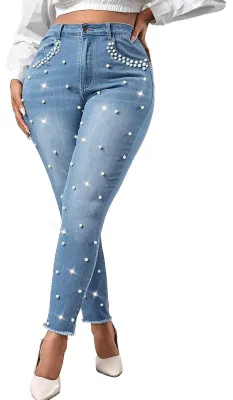 Produktbild von Ladyful Damen Skinny Jeans Klassische Mid Waist Stretchy Denim Hose mit Perlen S
