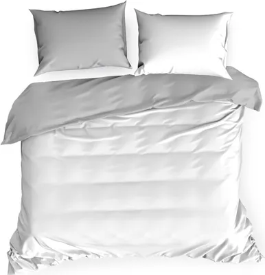 A top-down view of a white and gray duvet cover set with two pillows.