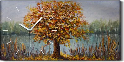 Produktbild von Wanduhr Bürouhr Leinwand Bild 60x30 Gemälde Abstrakte See Bäume Herbst Blätter - weiße Hände