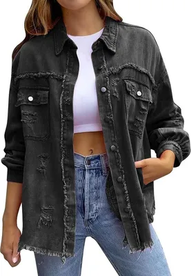 Produktbild von ASKSA Damen Jeansjacke Ripped Vintage Denim Jacken Laessige Boyfriend Jeansjacken Jean Mantel, Schwarz, XL