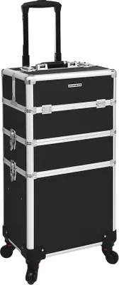 Produktbild von Professionelle Kosmetik-Gehäuse, 3-in-1 Make-up-Gehäuse, Make-up-Gehäuse mit 6 x Tasten, Make-up Trolley großer Wagen für Friseure, abschließbar, mit 360° rotierenden Universalrädern, schwarz