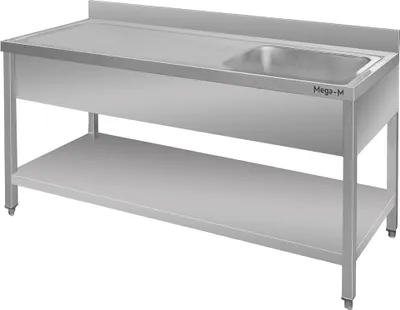 Zdjęcie produktu dla Gastronomiczny stół ze stali nierdzewnej przyścienny spawany ze zlewem po prawej stronie i z półką Mega-M 160x70x85 cm