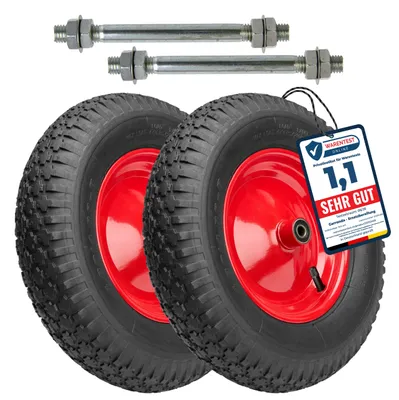 Image de Garronda Lot de 2 roues de rechange pour brouette 4.80/4.00-8 Roue de brouette Ø 390 mm Pneu 2PR Pneu jusqu'à 210 kg avec essieu Jante en acier Roulement à billes pour chariot de jardin, cour, chantier GD-0163, noir-rouge