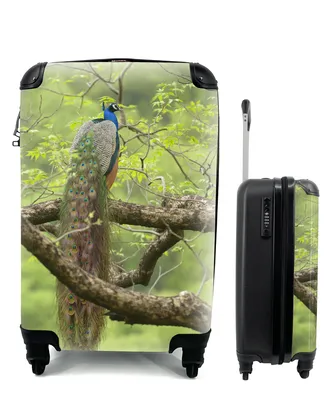 Produktbild von MuchoWow® Koffer Handgepäck Trolley Rollkoffer Kleine Reisekoffer mit 4 Rollen - Pfau - Federn - Baum - Cabin Size < 55x40x23 cm & 55x40x20 cm - Fotokoffer - Kabinenkoffer - Boardgepäck - Reise-Box - Reisekoffer - Reisegepäck - Koffer mit Bild - Trolley für Kinder