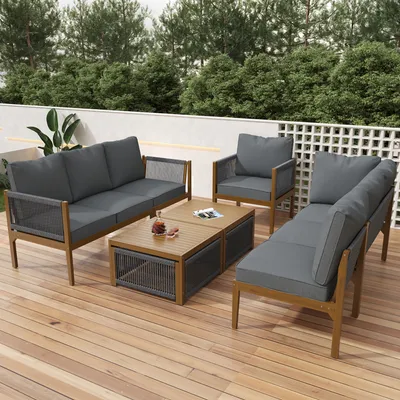 Produktbild von Poly Rattan Sitzgruppe Esstisch Lounge Gartenmöbel Sitzgarnitur Garten-Garnitur Set, Gartenlounge für 7 Personen, mit Sofa, Tisch, Hocker & Kissen