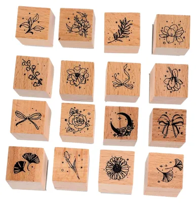 Produktbild von 16-teiliges Set Holzstempel für Tagebuch und Bastelprojekte