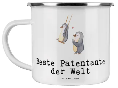 Produktbild von Mr. & Mrs. Panda becher emaille Pinguin Beste Patentante der Welt - Weiß - Geschenk, Taufe, Neffe, Geschenkidee, Teetasse, Haferl, Nichte, Tasse, Pott, Blechtasse