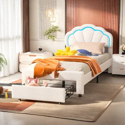 Obrázok produktu pre ProximaX Biela zamatová čalúnená posteľ 90x200 cm s 1 zásuvkou, manželská posteľ a lamelový rošt, klasická drevená posteľ s úložným priestorom