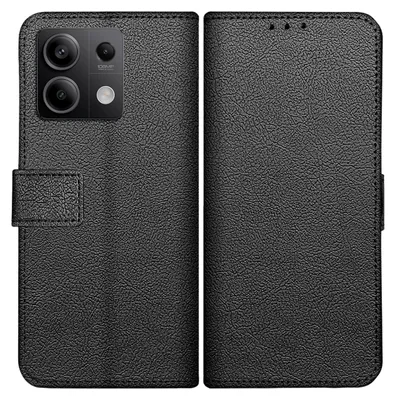 A black leather flip case for a smartphone is shown from the front and back.