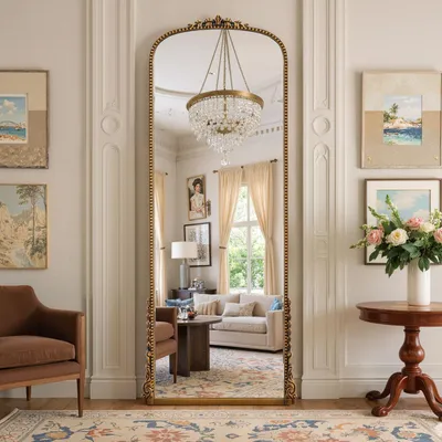 Image de Miroir mural complet, dimensions 175x70 cm, finition dorée, style rétro, vintage, baroque
