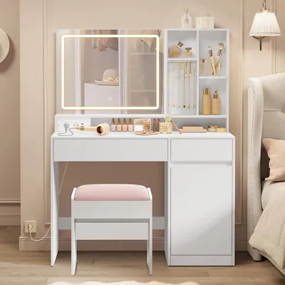 Productafbeelding van VASAGLE Make-up tafel met make-up krukje, 90 cm brede kaptafel met spiegel