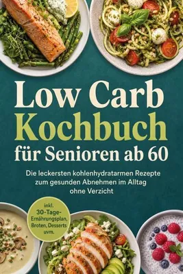 Produktbild von Low Carb Kochbuch für Senioren ab 60: Die leckersten kohlenhydratarmen Rezepte zum gesunden Abnehmen im Alltag ohne Verzicht - inkl. 30-Tage-Ernährungsplan, Broten, Desserts uvm.
