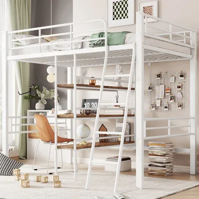 Image de AIORBER Lit surélevé, 90x200 cm, avec bureau, avec espace de rangement, cadre métallique, rampe, échelle, avec étagères, pour chambre à coucher, chambre d'enfant, noir