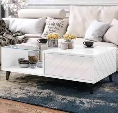 Produktbild von Couchtisch OXFORD weiß / weiß Hochglanz Wohnzimmer Kaffeetisch Sofatisch mit Schublade