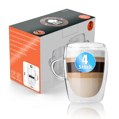 Produktbild von BigDean 4 Stück doppelwandige Latte Macchiato Gläser mit Henkel 300 ml – hochwertige Teegläser in Geschenkverpackung