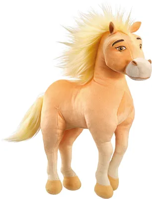 A plush toy horse against a white background.