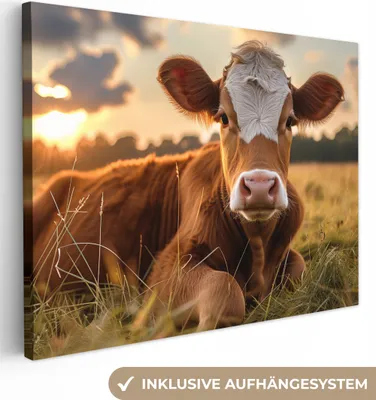 Obrázek produktu pro OneMillionCanvasses® - Obraz na plátně - kráva - zvíře - louka - tráva - zvířata - příroda, nástěnná malba, nástěnné dekorace obrazy obývací pokoj, 80x60cm