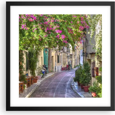 Produktbild von Gerahmtes Poster - Schwarzer Rahmen - Straße dekoration blumen griechenland - 40x40 cm - Wand Bild - Wanddeko - Wandbilder - Wandposter - Bilderrahmen - Bilder - Kunstdruck - P2BAC40x40-2429