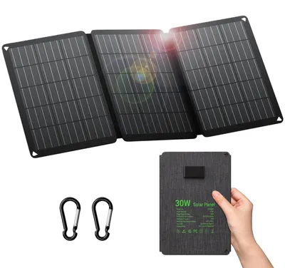Obrázek produktu pro Skládací solární panel 30 W – přenosná solární nabíječka – 3 porty USB-C/USB-A/DC – vodotěsnost IP67 – monokrystalické ETFE články – pro kempování