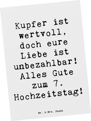Produktbild von Mr. & Mrs. Panda bildkarte Spruch 7. Hochzeitstag Kupferhochzeit - Weiß - Geschenk, besondere Anlässe, Grußkarte, wertvoll, Ehe, Geschenke, Postkarten, einzelkarte