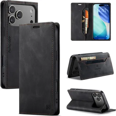Produktbild von Hülle für iPhone 17 Pro Max, Retro Kunstleder Tasche Kartenfächern und Ständer Schutzhülle Schwarz