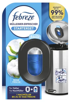 Immagine prodotto di Kit di avvio per deodorante per bidoni della spazzatura Febreze + 1 ricarica, profumo di pura freschezza
