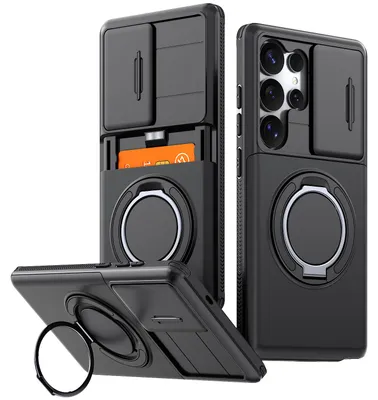 Produktbild von Handyhülle mit Kartenfach für Samsung Galaxy S25 Ultra, Schiebe Kameraschutz, Ringhalter Ständer, Stoßfeste Schutzhülle Schwarz