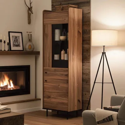 Produktbild von Standvitrine Nero WIT60, Standschrank mit Glastür, Bücherregal mit Metallfuße, Hochschrank Wohnzimmer (Farbe: Brandy Castello)
