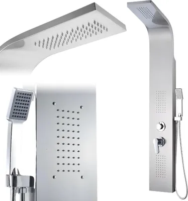 A collage of images showing different views of a modern shower panel system.