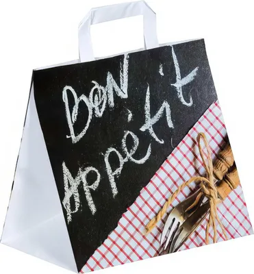Produktbild von 250x Papiertragetaschen aus Kraftpapier Motiv Bon Appetit mit Flachhenkeln 260+170x250mm 80g weiß