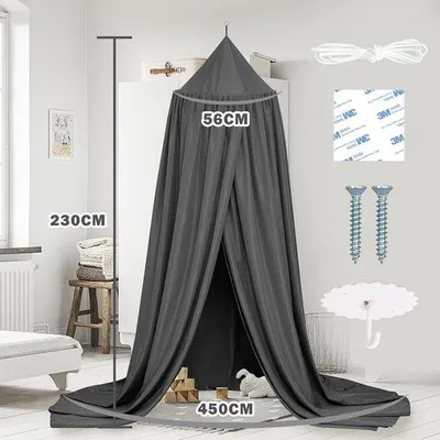 Productafbeelding van Famanu hemelbed voor kinderkamer, rond, 4 kleuren, hangend, insectennet, 56 x 230 x 450 cm (grijs)