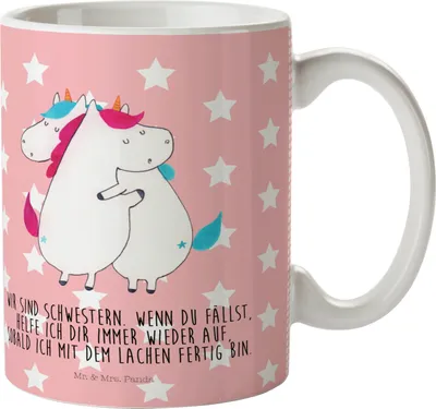 Produktbild von Mr. & Mrs. Panda Pott Einhörner Umarmen - Rot Pastell - Geschenk, Haferl, Geschwister, Kindertasse, Einhorn, Camping Tasse, Liebe, Plastikbecher, Freundinnen, Deko