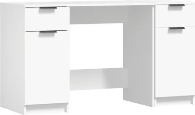A white desk with two cabinets and drawers.
