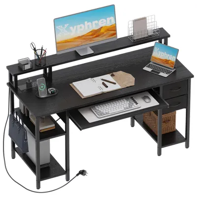 Obrázok produktu pre Písací stôl – 120 x 50 cm, čierna farba – s USB portom a zásuvkami