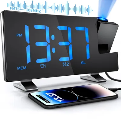 Produktbild von MODFU Projektionswecker, 3 Projektionshelligkeit, Led Digital Wecker mit Projektion 180 °, Radiowecker mit USB-Anschluss LED-Anzeige Snooze Dual-Alarm