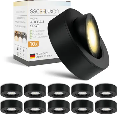 Produktbild von 10er Set SSC-LUXon VIONA LED Aufbaustrahler flach schwarz schwenkbar - Aufbauspot warmweiß, neutralweiß, tageslichtweiß