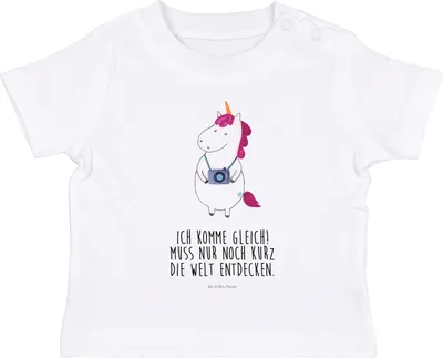 Produktbild von Mr. & Mrs. Panda  T-Shirt Einhorn Fotograf 12. - 18. Monat - Weiß - Geschenk, Baumwolle Baby Shirt, Einhörner, Urlaub, Fotografie, Kamera, Babyshirt, Organic, Unicorn