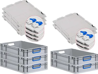 Produktbild von SuperSparSet 5x Eurobox NextGen Color mit Scharnierdeckel und Schiebeschnappverschlüssen | HxBxT 12x40x60cm | 23 Liter | Grau | Griffe blau offen | Glatter Boden | Eurobehälter, Transportbox, Transportbehälter, Stapelbehälter