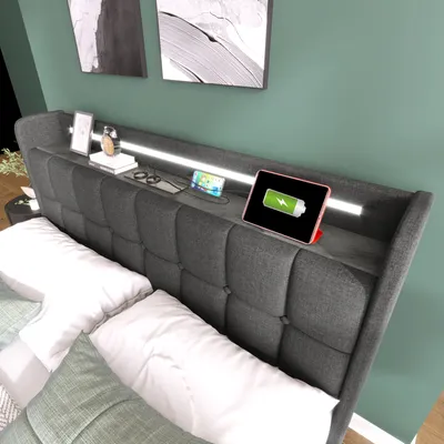 Produktbild von Flieks Polsterbett 90x200cm mit USB und Steckdosen, Jugendbett Einzelbett mit 2 Schubladen, Stauraumbett Massivholzbett mit LED und Lattenrost, Leinen, Grau
