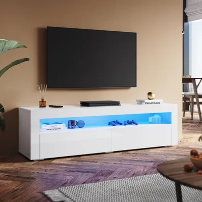 Produktbild von SONNI Lowboard TV-Schränke Weiß Hochglanz mit LED Beleuchtung, 12-LED-Farben, mit 2 Klapptür, Griffloses Design 160 x 40 x 45cm