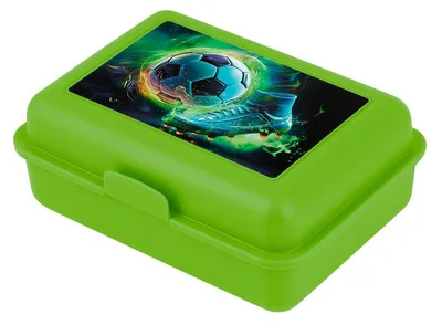 Produktbild von Brotdose aus Kunststoff mit Fußball-Motiv, innerer Trennwand und Schloss