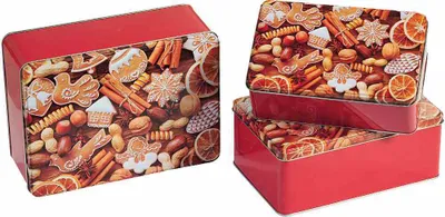 Produktbild von Kesper 3-teiliges Gebäckdosen Set, 18 x 7 x 11 cm, 20 x 8 x 113 cm, 22 x 9 x 16 cm, aus Metall, mit Gebäck-/ Plätzchenmotiven, in rot
