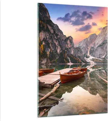 Produktbild von Bilder auf glas - Einteilig - Boote Berge See - 80x120cm - Glasbilder - Wandbilder - Bilder - zum Aufhängen bereit - Wanddekoration aus Glas - Glas Bilder - Wandbild auf Glas - GPA80x120-4638