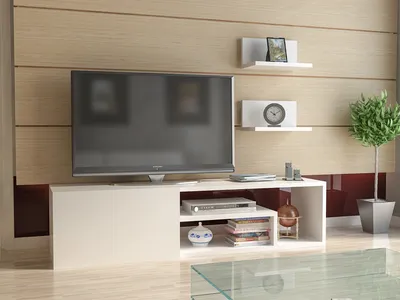 Obrázok produktu pre Skye Decor, kvalitná TV skrinka, 120 cm, 100 % melamínom potiahnutá drevotriesková doska, hrúbka 18 mm | Vrátane 2 nástenných políc | Moderný, elegantný dizajn v bielej farbe, ideálny do vášho domova.