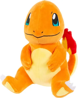 A plush toy of the Pokemon character Charmander is shown sitting against a white background.