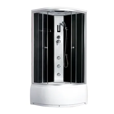 A standalone shower cabin with a white base and black glass panels, featuring a silver control panel with shower head and body jets.