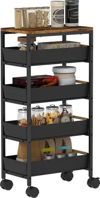 Image de HOMCOM Desserte cuisine 5 niveaux, chariot de service, chariot de rangement à roulettes avec 4 tiroirs coulissants, étagère de rangement, pour salon, cuisine, salle à manger, salle de bain, noir
