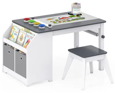Produktbild von COSTWAY Kinder Tisch Stuhl Set, Maltisch mit Stauraum, Kindersitzgruppe mit Papierrollenhalter, 4 Farbbechern & 2 Stoffkörben, Basteltisch, Grau