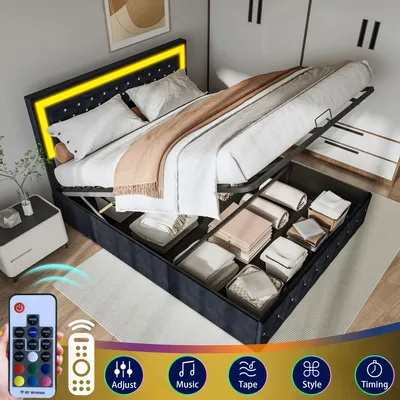 Obrázok produktu pre INONEFT Posteľ s pružinovým matracom, čalúnená posteľ 160x200 cm s LED osvetlením, dvojposteľ s hydraulickým systémom a úložným priestorom, rám postele pre mládež s úložným priestorom a latkovým roštom, farba: čierna