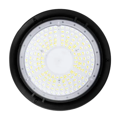A top-down view of a circular industrial LED light fixture.